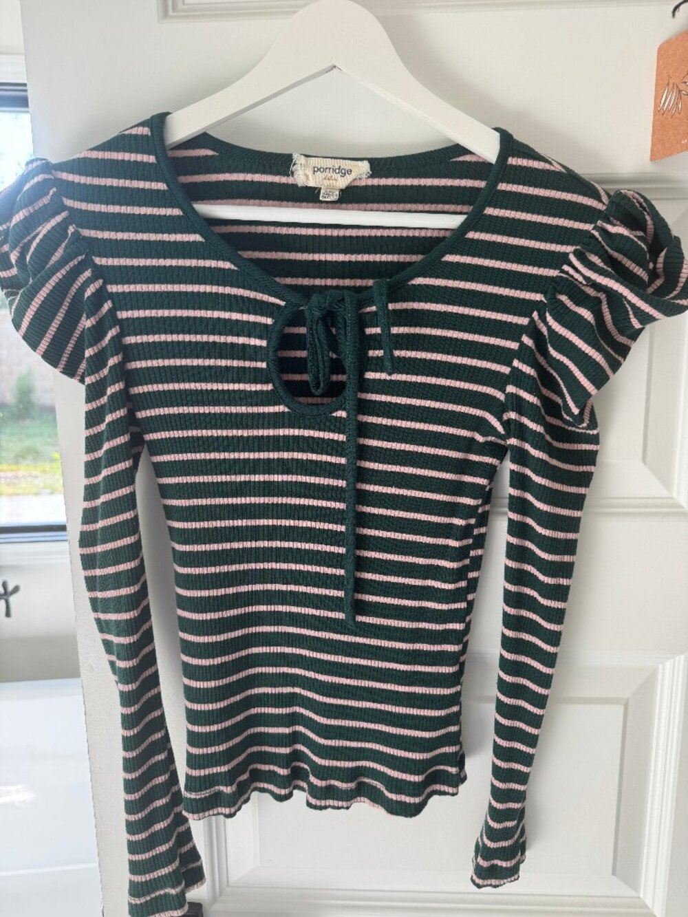 Porridge Anthropologie Puff Sleeve Tie Front Top Green Pink Stripe XS